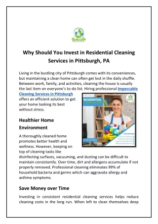 Why Should You Invest in Residential Cleaning Services in Pittsburgh, PA