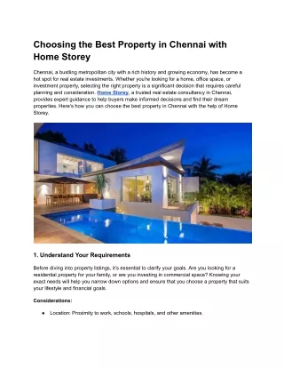 Choosing the Best Property in Chennai with Home Storey