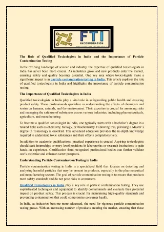 The Role of Qualified Toxicologists in India and the Importance of Particle Contamination Testing