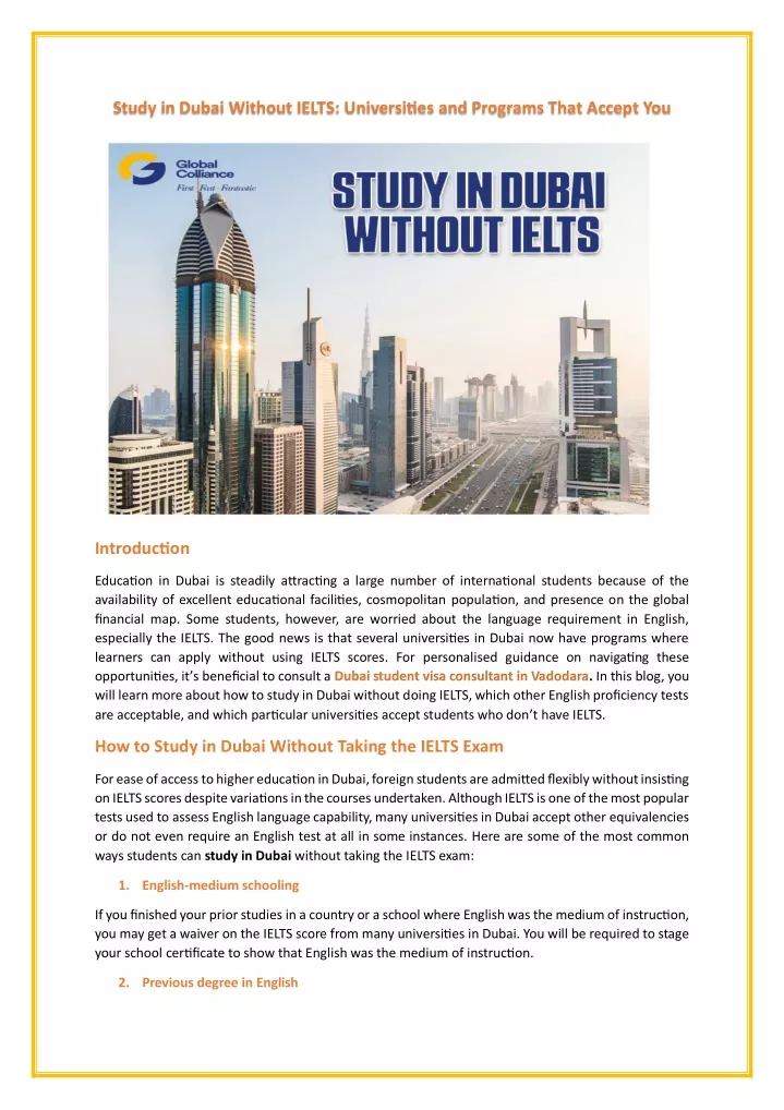 study in dubai without ielts universities