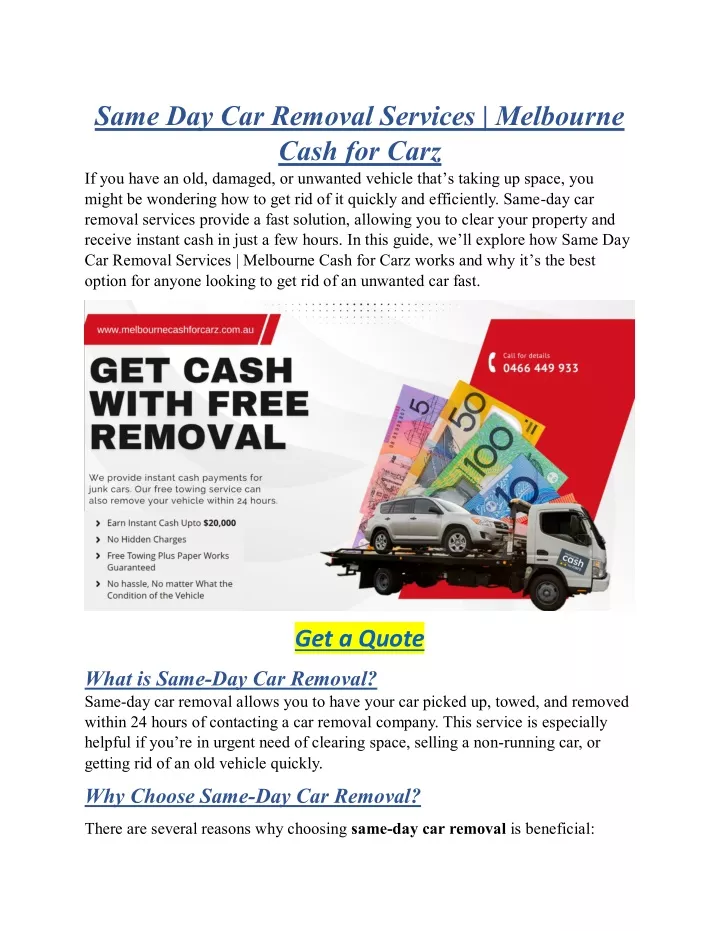 same day car removal services melbourne cash