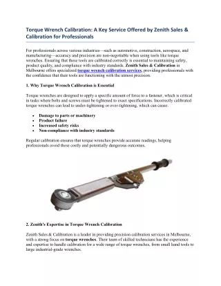 Torque Wrench Calibration - A Key Service Offered by Zenith Sales & Calibration for Professionals