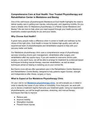 Comprehensive Care at Xcel Health: Your Trusted Physiotherapy and Rehabilitation
