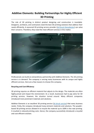 Additive Elements Building Partnerships for Highly Efficient 3D Printing