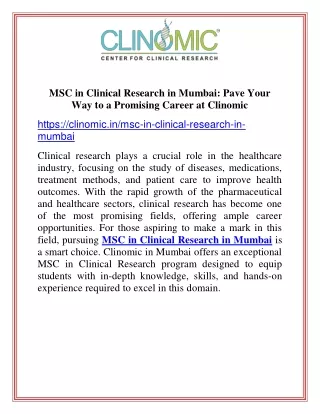 MSC in Clinical Research in Mumbai Pave Your Way to a Promising Career at Clinomic