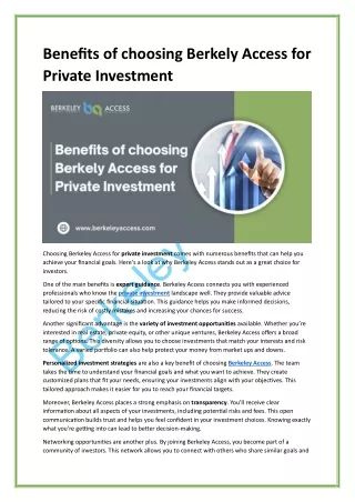 Benefits of choosing Berkely Access for Private Investment