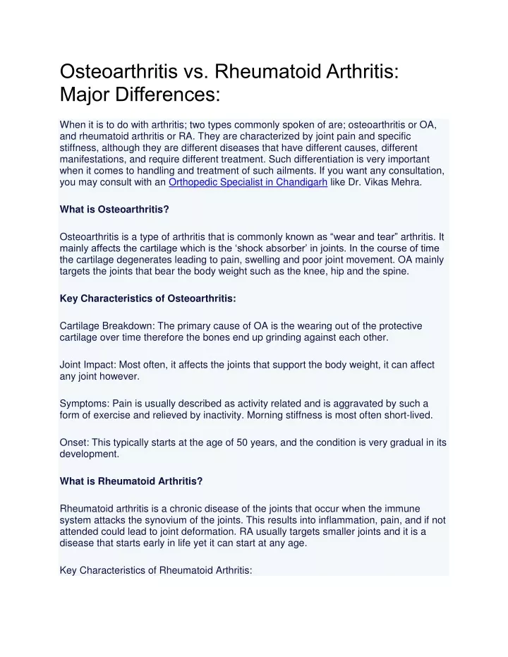 osteoarthritis vs rheumatoid arthritis major