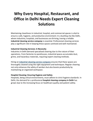 Why Every Hospital Restaurant and Office in Delhi Needs Expert Cleaning Solutions