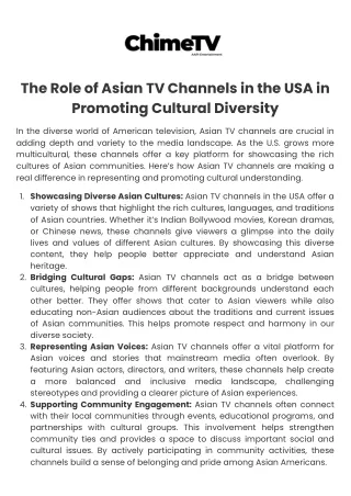 The Role of Asian TV Channels in the USA in Promoting Cultural Diversity