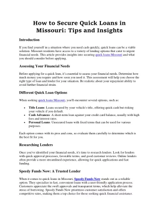 How to Secure Quick Loans in Missouri, Tips and Insights
