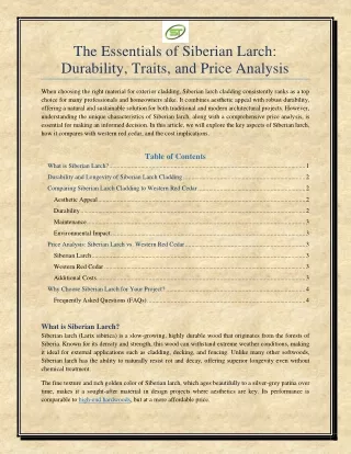 The Essentials of Siberian Larch Durability Traits and Price Analysis