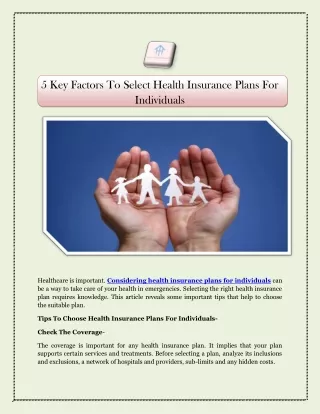 5 Key Factors To Select Health Insurance Plans For Individuals