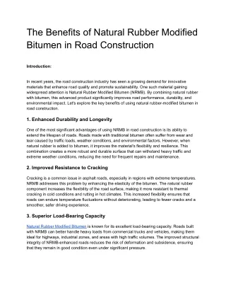 The Benefits of Natural Rubber Modified Bitumen in Road Construction