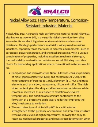 Nickel Alloy 601 High Temperature Corrosion Resistant Industrial Material