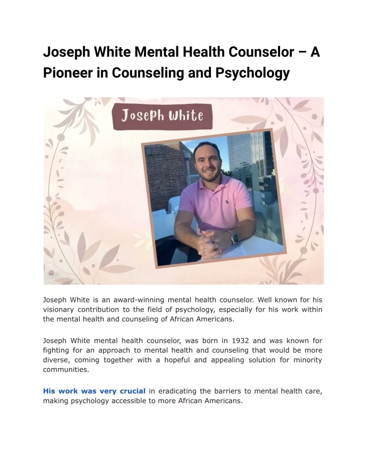 joseph white mental health counselor a pioneer