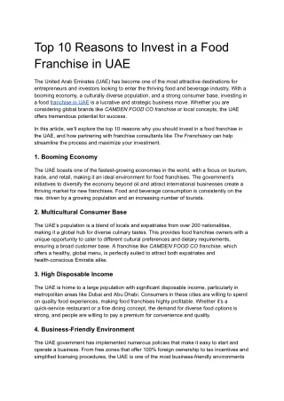 Top 10 Reasons to Invest in a Food Franchise in UAE