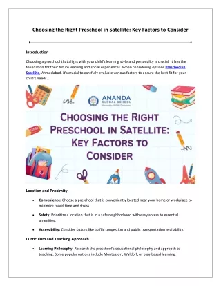 Choosing the Right Preschool in Satellite: Key Factors to Consider