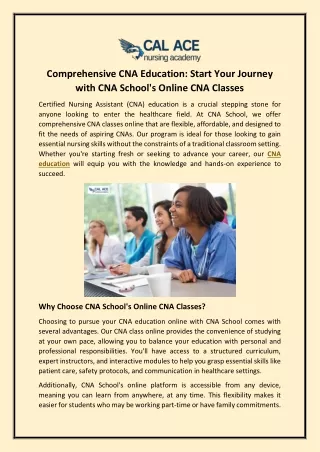 Comprehensive CNA Education: Start Your Journey with CNA School's Online CNA Cla