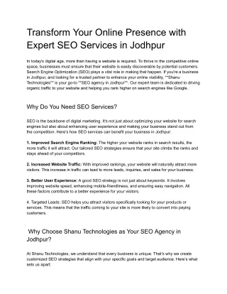 Transform Your Online Presence with Expert SEO Services in Jodhpur