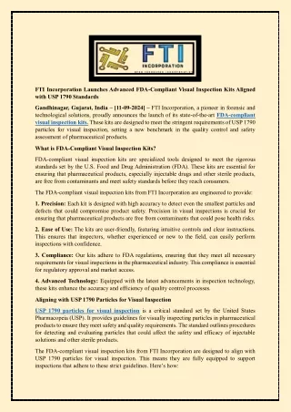 FTI Incorporation Launches Advanced FDA-Compliant Visual Inspection Kits Aligned with USP 1790 Standards