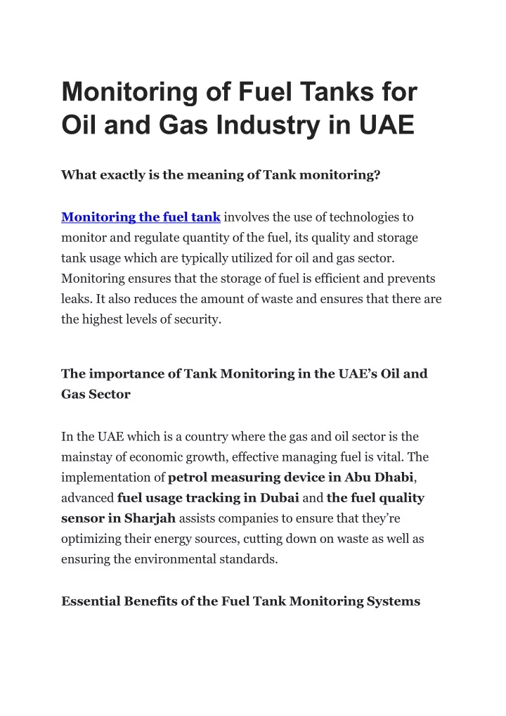 monitoring of fuel tanks for oil and gas industry