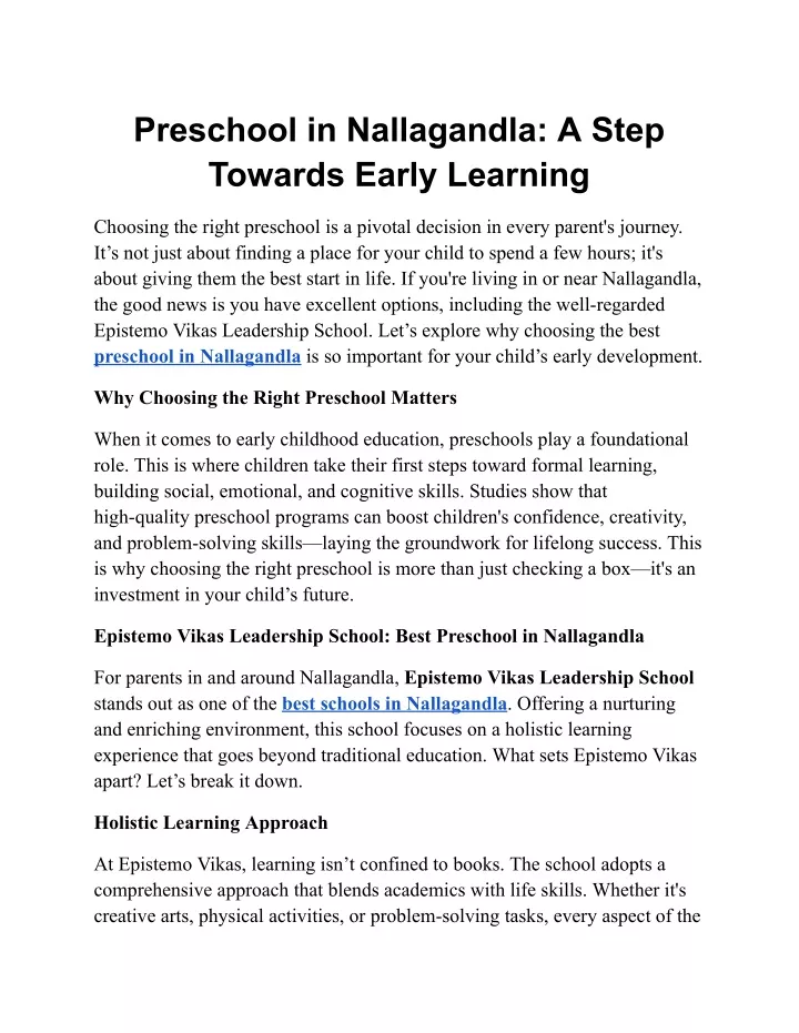 preschool in nallagandla a step towards early