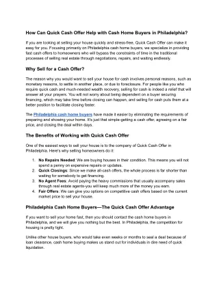 How Can Quick Cash Offer Help with Cash Home Buyers in Philadelphia?