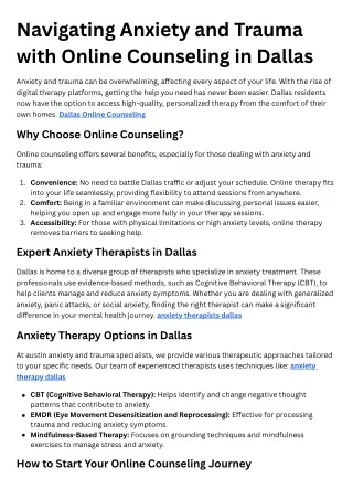 Navigating Anxiety and Trauma with Online Counseling in Dallas