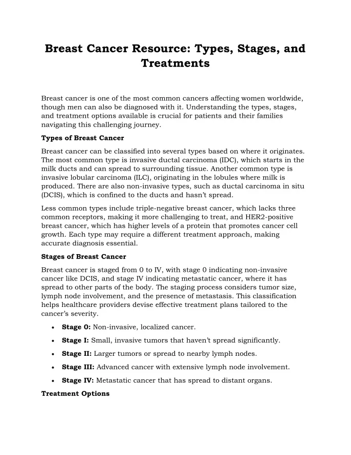 breast cancer resource types stages and treatments