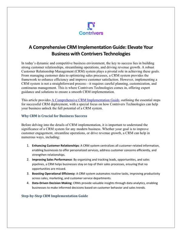 A Comprehensive CRM Implementation Guide Elevate Your Business with Contrivers Technologies
