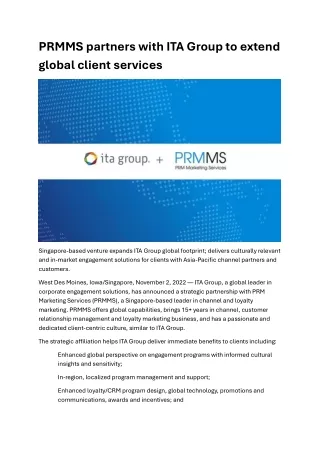 PRMMS partners with ITA Group to extend global client services