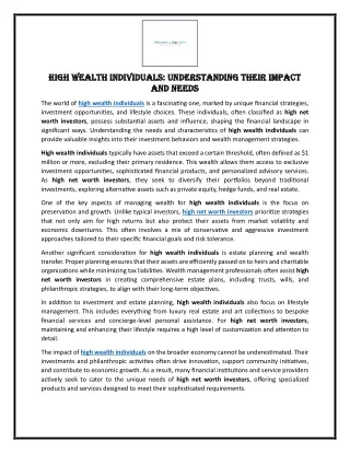 High Wealth Individuals Understanding Their Impact and Needs