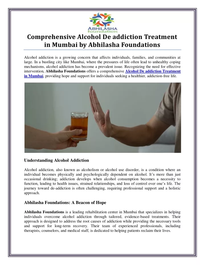 comprehensive alcohol de addiction treatment