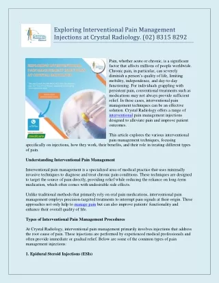 Exploring Interventional Pain Management Injections at Crystal Radiology. (02) 8