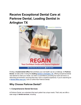 Receive Exceptional Dental Care at Parkrow Dental, Leading Dentist in Arlington TX