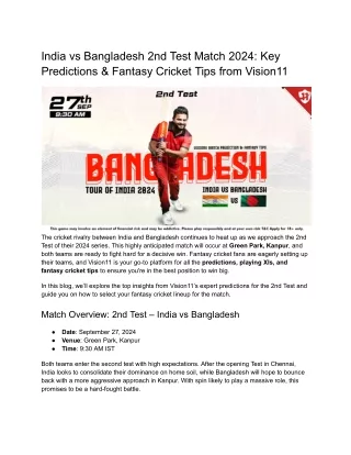 India vs Bangladesh 2nd Test Match 2024_ Key Predictions & Fantasy Cricket Tips from Vision11