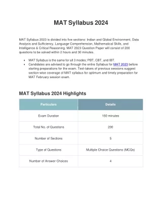 MAT Syllabus Overview: Language Comprehension, Mathematical Skills.