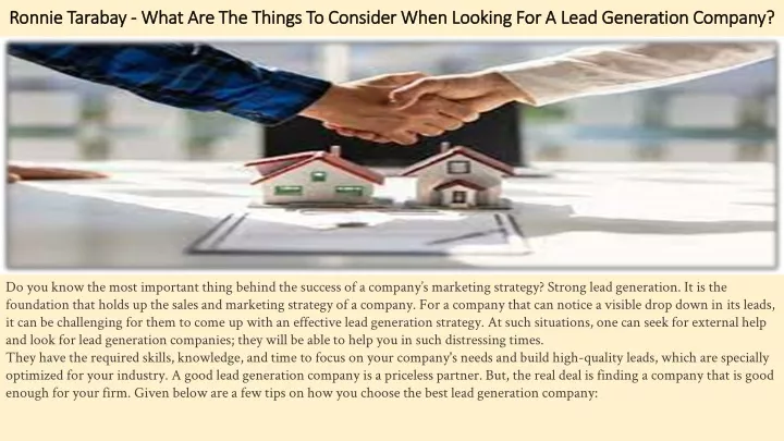 ronnie tarabay what are the things to consider when looking for a lead generation company