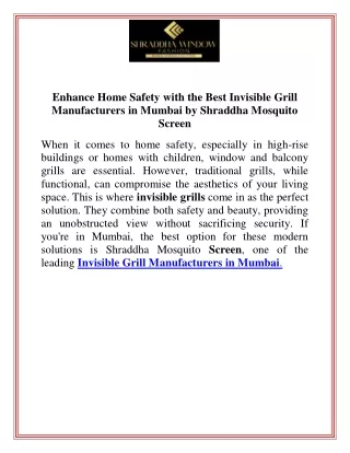 Enhance Home Safety with the Best Invisible Grill Manufacturers in Mumbai by Shraddha Mosquito Screen