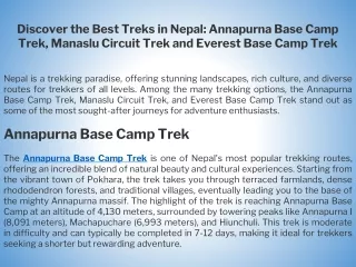 Discover the Best Treks in Nepal Annapurna Base Camp Trek, Manaslu Circuit Trek, and Everest Base Camp Trek