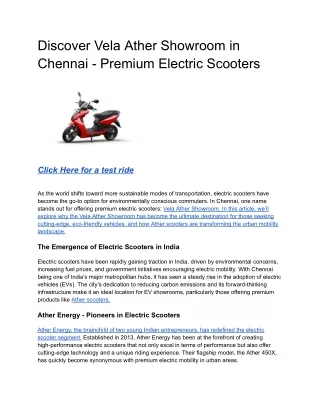 Discover Vela Ather Showroom in Chennai - Premium Electric Scooters