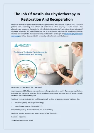 The Job Of Vestibular Physiotherapy In Restoration And Recuperation