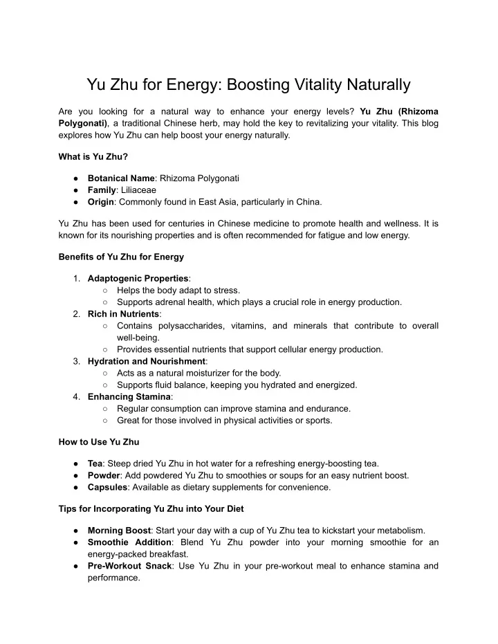 yu zhu for energy boosting vitality naturally