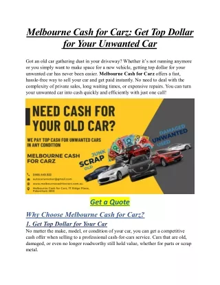 Melbourne Cash for Carz: Get Top Dollar for Your Unwanted Car