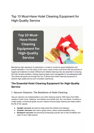 Top 10 Must-Have Hotel Cleaning Equipment for High-Quality Service