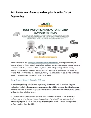 Best Piston manufacturer and supplier in India: Dasset Engineering