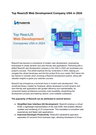 Top ReactJS Web Development Company USA in 2024