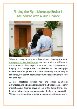 Finding the Right Mortgage Broker in Melbourne with Ausun Finance