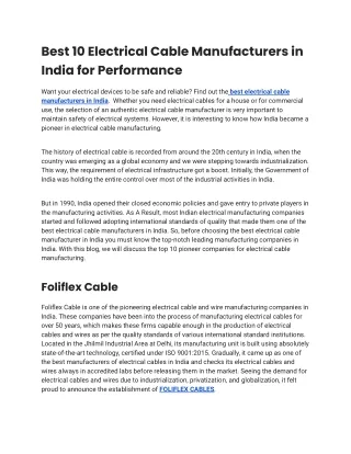 Best 10 Electrical Cable Manufacturers in India for Performance