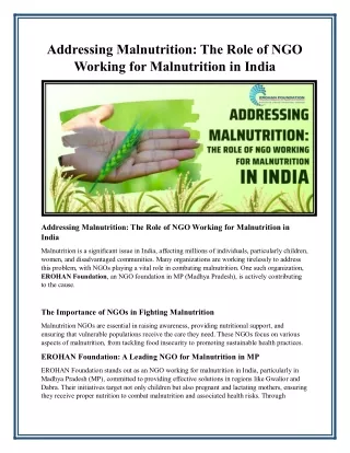 Addressing Malnutrition The Role of NGO Working for Malnutrition in India -EROHAN Foundation
